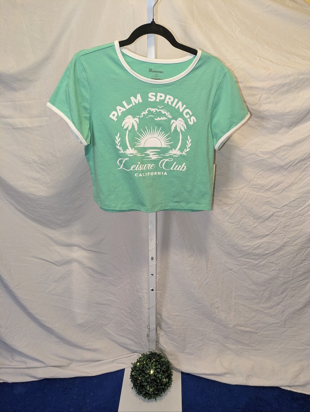 NWT No Boundaries Green Palm Springs Graphic Ringer Crop Top L (12-14)